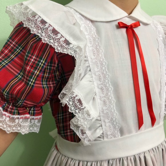 Vintage Golden Age Full Circle Plaid Pinafore Party Dress Ruffles Lace 80s - Picture 4 of 12